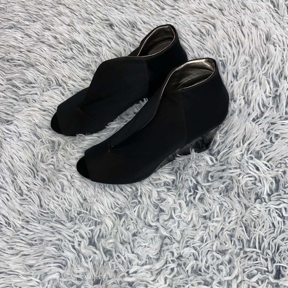 Black Patent Leather and Satin Wedge Slip in PeepToe Shoe, Used, Good Condition